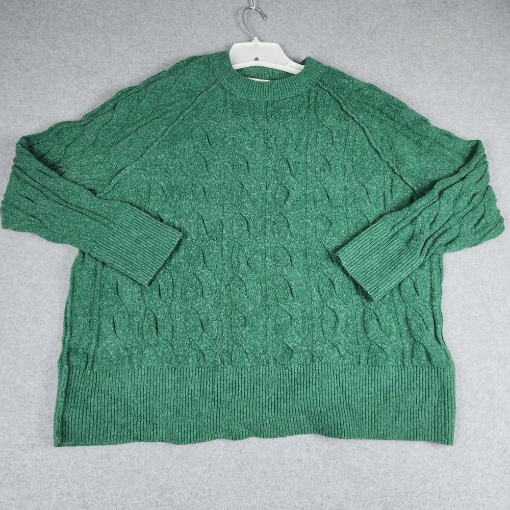 Aerie Sweater Womens Medium Green Cable Knit Crew Neck Relaxed Fit Pullover